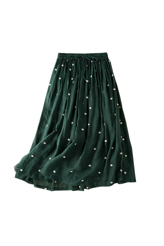 Skirts for Women Cotton Linen Summer Causal Midi Skirts Elastic Waist Floral Drawstring A-Line Long Skirts (Medium, Army Green)
