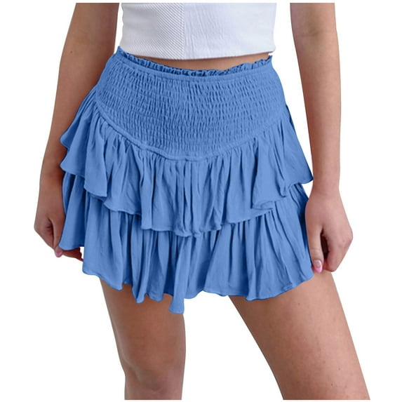 ShomPort Skirts for Women Summer Casual Smocked High Waist Mini Skirts Layered Pleated Solid Color Trendy Skirts (Small, Sky Blue)