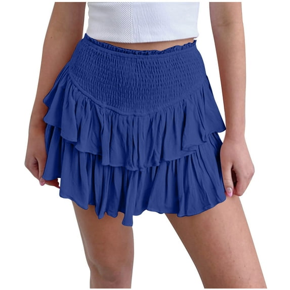 ShomPort Skirts for Women Summer Casual Smocked High Waist Mini Skirts Layered Pleated Solid Color Trendy Skirts (X-Large, Dark Blue)