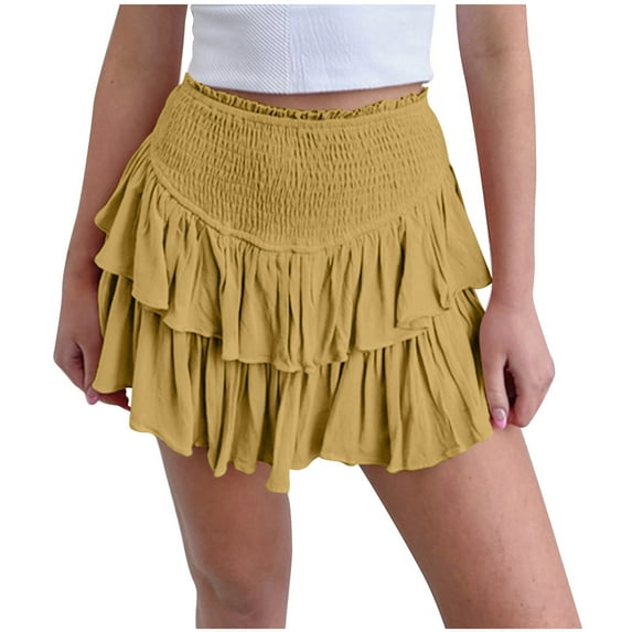 ShomPort Skirts for Women Summer Casual Smocked High Waist Mini Skirts Layered Pleated Solid Color Trendy Skirts (X-Large, Yellow)