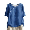 thumbnail image 1 of ShomPort Slant Placket Button Linen Blouses for Women Summer Trend Round Neck Short Sleeve Vintage Shirts, 1 of 5