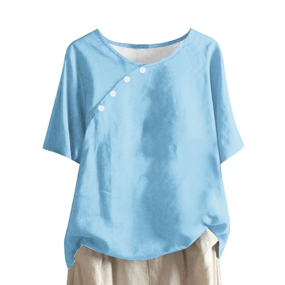 ShomPort Slant Placket Button Linen Blouses for Women Summer Trend Round Neck Short Sleeve Vintage Shirts