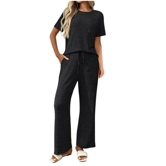 ShomPort Sleepwear Set for Womens Short Sleeve Round Neck Ribbed Drawstring Pajama with Pocket Comfort Soft Daily Outfit