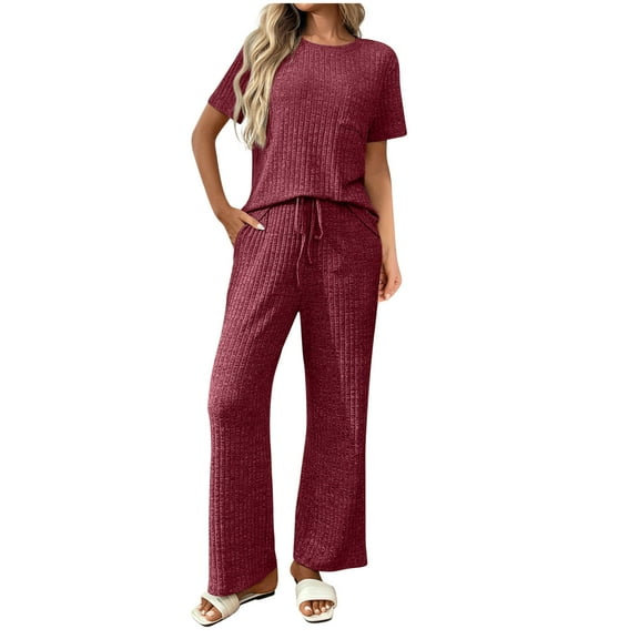 ShomPort Sleepwear Set for Womens Short Sleeve Round Neck Ribbed Drawstring Pajama with Pocket Comfort Soft Daily Outfit