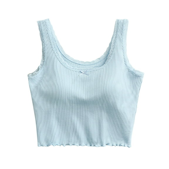 ShomPort Sleeveless Pajamas for Women Ruffle Trim Backless Crop Tank Tops Comfort Cotton Loungewear with Chest Padded