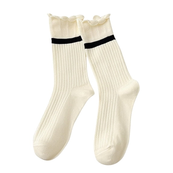 ShomPort Socks for Womens Ruffle Stripe Pattern Breathable Cotton Cute Mid-Culf Socks Daily Lightweight Casual Socks