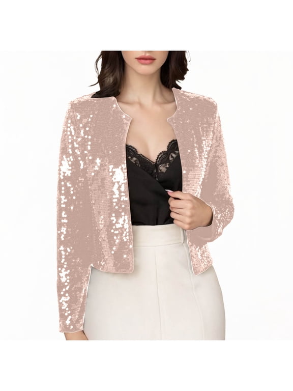 Sparkly Blazer for Women Party Open Front Crop Sequin Shrug Jacket Long Sleeve Cardigans