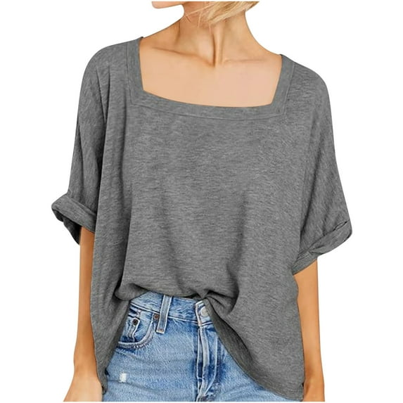ShomPort Square Neck Loose Casual T-Shirts for Women Summer Solid Color Roll-Up Mid Sleeve Tees Tops