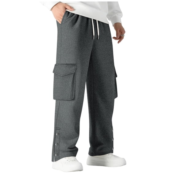 ShomPort Straight Leg Sweatpants for Mens Drawstring Side Split Cozy Cargo Pants Casual Workout Comfort Trousers with Multi-Pockets