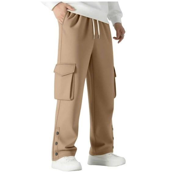 ShomPort Straight Leg Sweatpants for Mens Drawstring Side Split Cozy Cargo Pants Casual Workout Comfort Trousers with Multi-Pockets