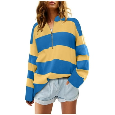 ShomPort Striped Half Zipper Sweatshirt for Women Fashion Color Block Collar Long Sleeve Sweatshirt Pullover Tops