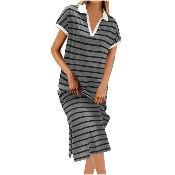 ShomPort Striped Straight Dress for Tall Women Casual V-Neck Collared Short Sleeve T-Shirt Dress Split Maxi Dresses