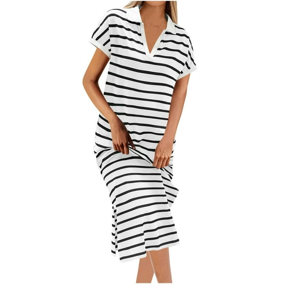 ShomPort Striped Straight Dress for Tall Women Casual V-Neck Collared Short Sleeve T-Shirt Dress Split Maxi Dresses
