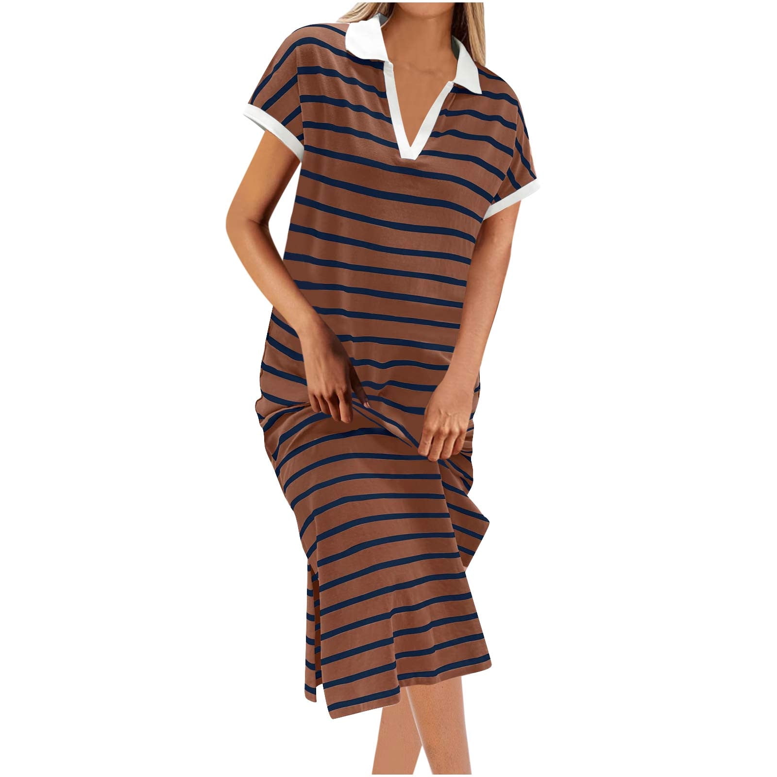 ShomPort Striped Straight Dress for Tall Women Casual V-Neck Collared Short  Sleeve T-Shirt Dress Split Maxi Dresses - Walmart.com