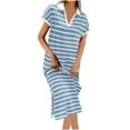 thumbnail image 1 of ShomPort Striped Straight Dress for Tall Women Casual V-Neck Collared Short Sleeve T-Shirt Dress Split Maxi Dresses, 1 of 6