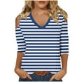 thumbnail image 1 of ShomPort Striped T-Shirts for Women Summer 3/4 Sleeve Off Shoulder Tunic Tops Round Neck Casual Tees, 1 of 2