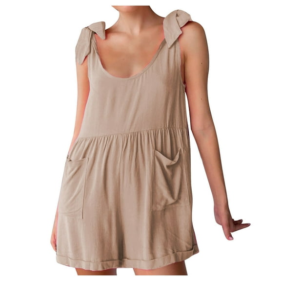 ShomPort Summer Baggy Backless Cotton Short Overalls for Women Round Neck Tie Wide Leg Cute Jumpsuits