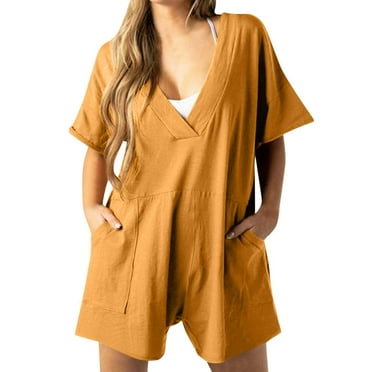 ShomPort Summer Baggy Short Overalls for Women Casual V Neck Short Sleeve Wide Leg Jumpsuits with Pockets