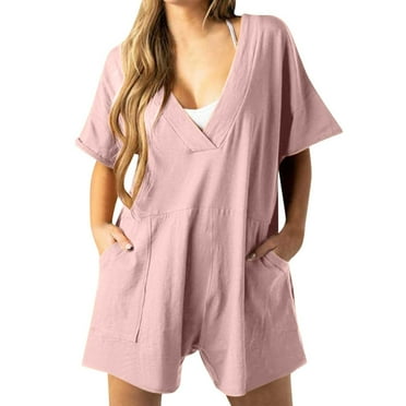 ShomPort Summer Baggy Short Overalls for Women Casual V Neck Short Sleeve Wide Leg Jumpsuits with Pockets