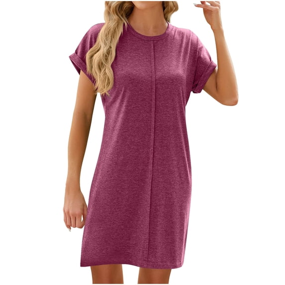 ShomPort Summer Casual Dress for Women Comfortable T-Shirt Dress Round Neck Short Sleeve Knee Length Loungewear Dresses