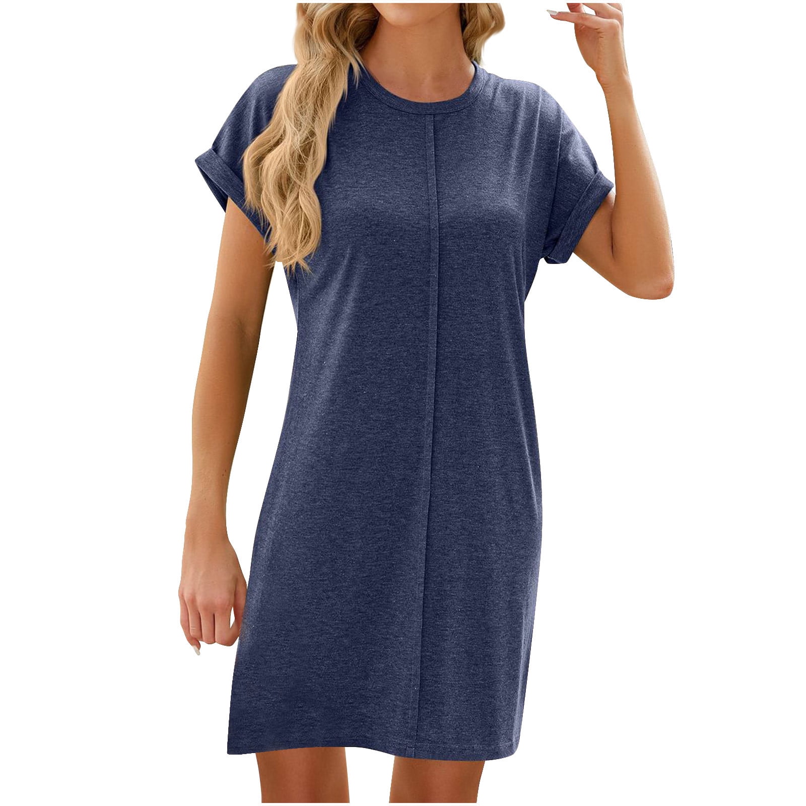Shomport Summer Casual Dress for Women Comfortable T-Shirt Dress Round Neck Short Sleeve Knee Length Loungewear Dresses, Women's, Size: Small, Green