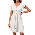 thumbnail image 1 of ShomPort Summer Casual Dress for Women U Neck Button Midi Dress Ruffle Sleeve Textured Wrinkle Free Dress, 1 of 1