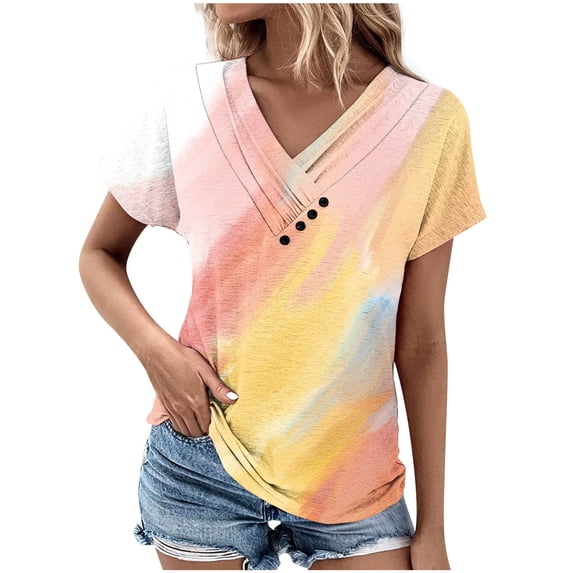 ShomPort Summer Casual Tops for Women V-Neck Short Sleeve T-Shirts Gradient Print Button Tees