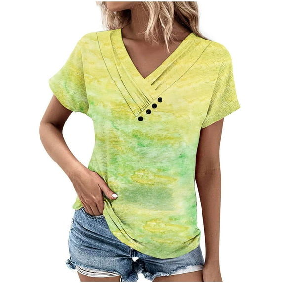 ShomPort Summer Casual Tops for Women V-Neck Short Sleeve T-Shirts Gradient Print Button Tees