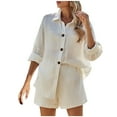 thumbnail image 1 of ShomPort Summer Cotton Linen Shirts 2 Piece Set for Women Lapel Long Sleeve Blouse and Wide Leg Shorts Casual Outfits, 1 of 8