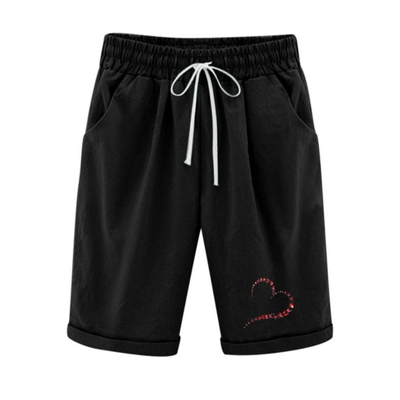 ShomPort Summer Cotton Linen Shorts for Women Knee Length Print Casual Shorts High Elastic Waist Shorts