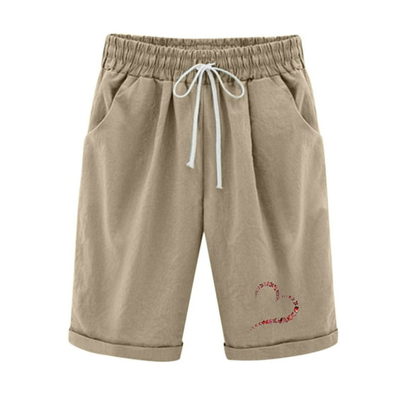 ShomPort Summer Cotton Linen Shorts for Women Knee Length Print Casual Shorts High Elastic Waist Shorts