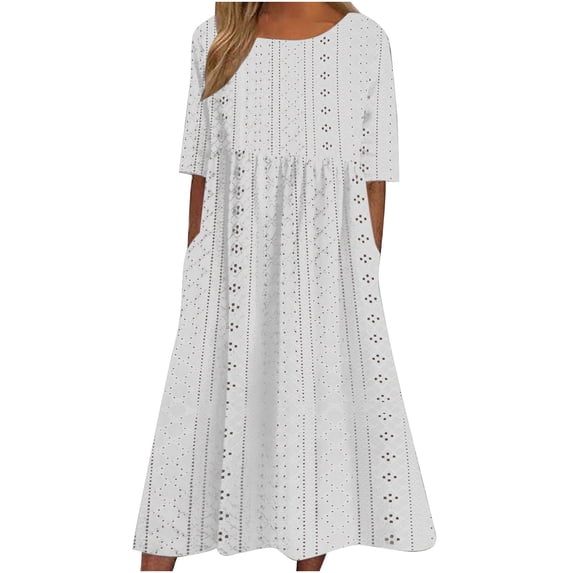 ShomPort Summer Eyelet Dress for Women Loose Round Neck Short Sleeve Maxi Dresses with Pockets