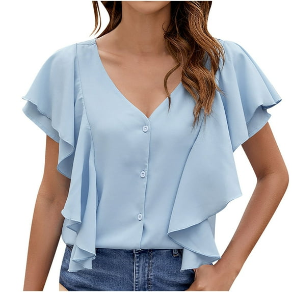 ShomPort Summer Fashion Ruffle Sleeve Shirts for Women Elegant V-Neck Button down Work Blouses Tops