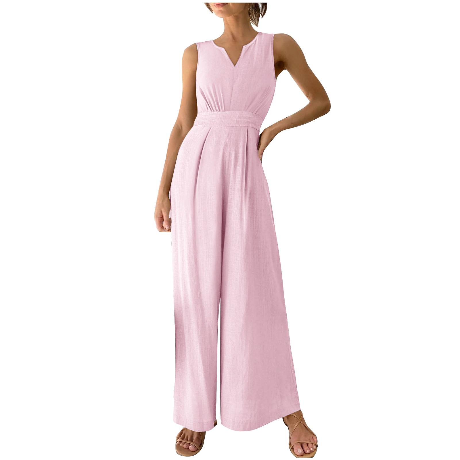 ShomPort Summer Fashion Wide Leg Jumpsuit for Tall Women Sleeveless V Neck Stretchy High Waist Rompers Walmart