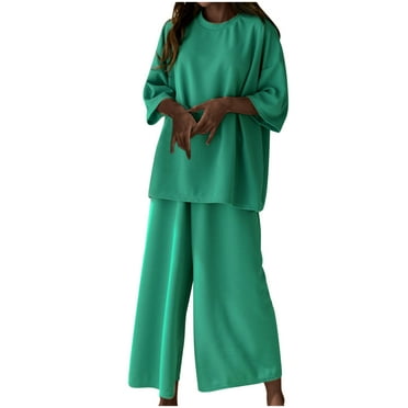 ShomPort Summer Oversized 2 Piece Outfits for Women Trendy Round Neck Short Sleeve Tees and Wide Leg Pants Casual Set