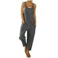 thumbnail image 1 of ShomPort Summer Plain Cotton Linen Jumpsuit for Women Casual Sleeveless Button Loose Straight Leg Rompers with Pockets, 1 of 4