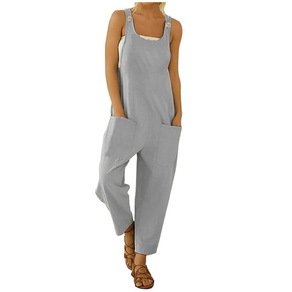 ShomPort Summer Plain Cotton Linen Jumpsuit for Women Casual Sleeveless Button Loose Straight Leg Rompers with Pockets