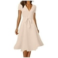 thumbnail image 1 of ShomPort Summer Short Sleeve Elegant Midi Dress for Women Deep V Neck Belt Flowy A-Line Dresses, 1 of 4
