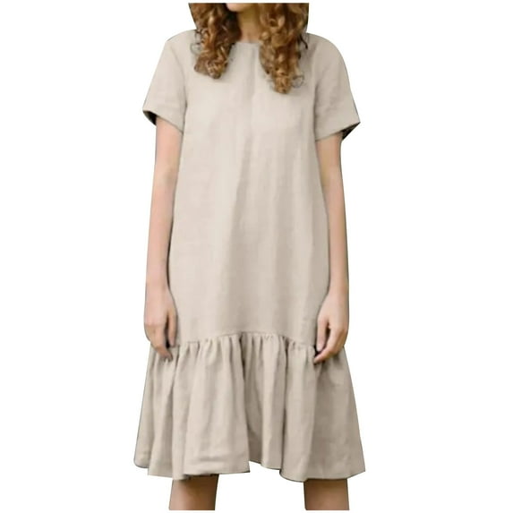 ShomPort Summer T-Shirt Dress for Women Round Neck Short Sleeve Loose Midi Dress Cotton Linen Ruffled Casual Dresses