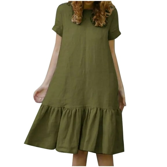 ShomPort Summer T-Shirt Dress for Women Round Neck Short Sleeve Loose Midi Dress Cotton Linen Ruffled Casual Dresses