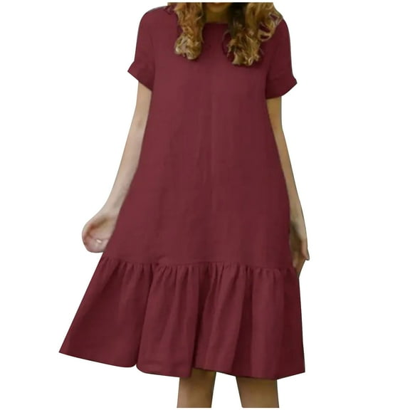 ShomPort Summer T-Shirt Dress for Women Round Neck Short Sleeve Loose Midi Dress Cotton Linen Ruffled Casual Dresses