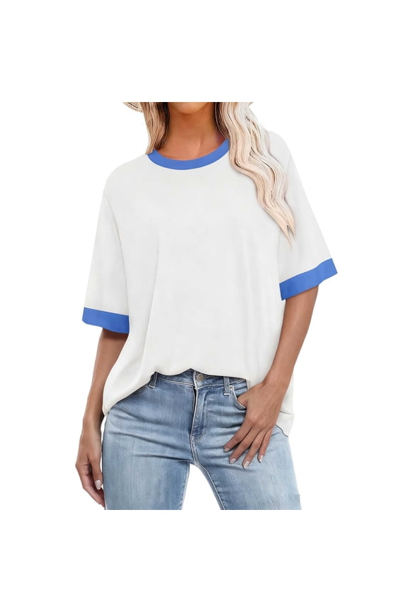 Summer Tops for Women Loose T Shirts Crewneck Color Block Stretchy Basic Tee Blouses