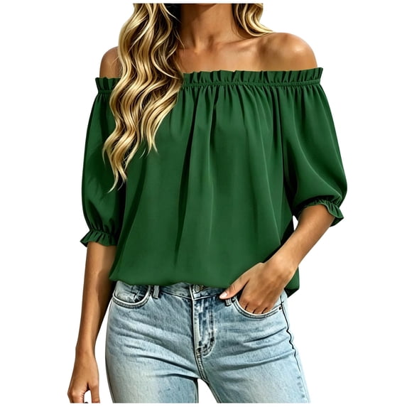 ShomPort Summer Tops for Women off the Shoulder Blouses Dressy Casual Puff Sleeve Loose T Shirts