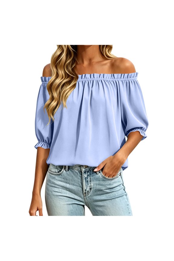 Summer Tops for Women off the Shoulder Blouses Dressy Casual Puff Sleeve Loose T Shirts