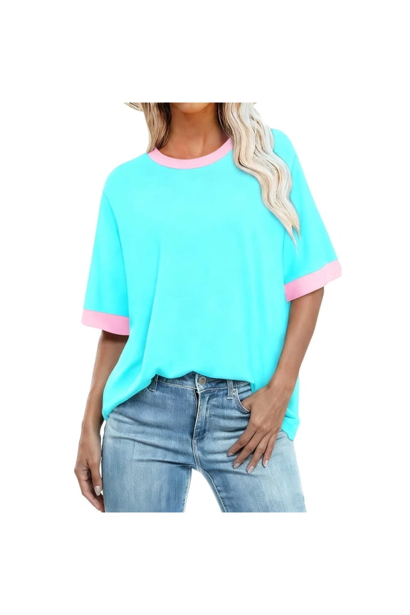 Summer Tops for Women Loose T Shirts Crewneck Color Block Stretchy Basic Tee Blouses