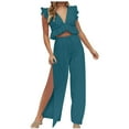 thumbnail image 1 of ShomPort Summer Trendy Vacation 2 Piece Outfit for Women Ruffle Sleeve Short Top and Split Wide Leg Pants Beach Set, 1 of 5