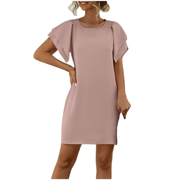 ShomPort Summer Work Dress for Women Fashion Ruffle Sleeve Round Neck Solid Color Mini Dresses