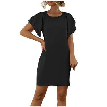 ShomPort Summer Work Dress for Women Fashion Ruffle Sleeve Round Neck Solid Color Mini Dresses