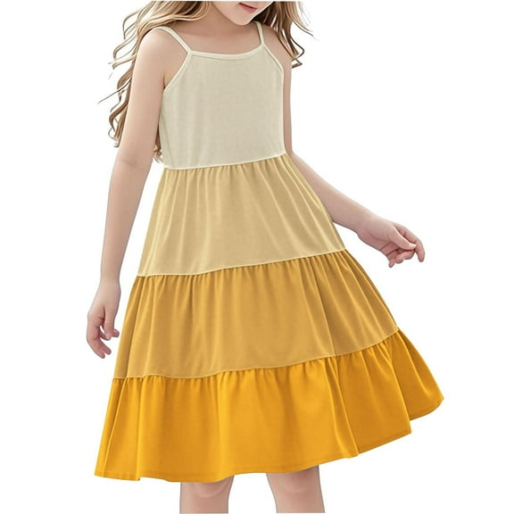 ShomPort Sundress for Girls Color Block Spaghetti Strap Layered Boho A-Line Midi Skirt Cozy Summer Spring Casual Dress