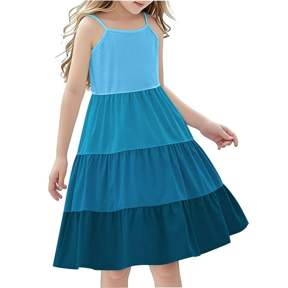ShomPort Sundress for Girls Color Block Spaghetti Strap Layered Boho A-Line Midi Skirt Cozy Summer Spring Casual Dress